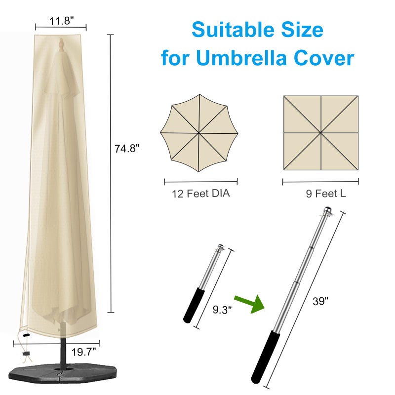 OKPOW Patio Umbrella Cover for 9ft to 12ft Outdoor Umbrellas - 420D Waterproof Garden Market Umbrella Cover Outside Parasol Covers with Zipper for Deck Pool Beach Umbrellas, Khaki - Image 2